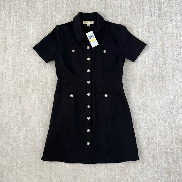 NWT MICHAEL Michael Kors Black Stretch Ponte Mini Shirtdress M - Picture 1 of 9